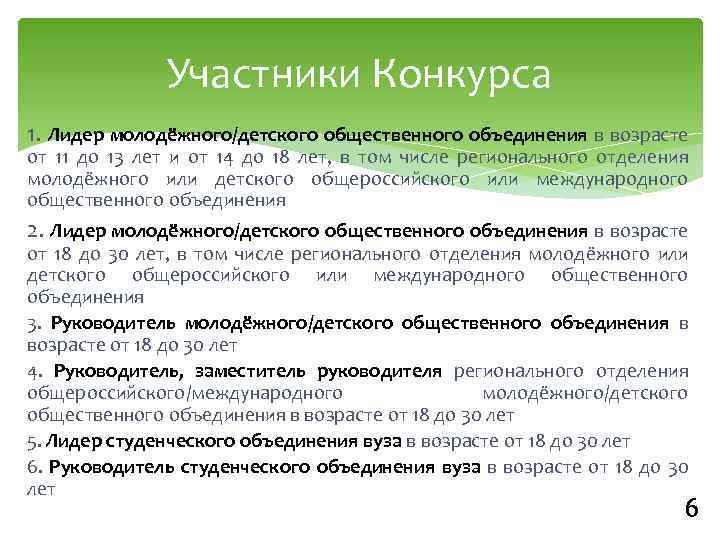 Участники Конкурса 1. Лидер молодёжного/детского общественного объединения в возрасте от 11 до 13 лет