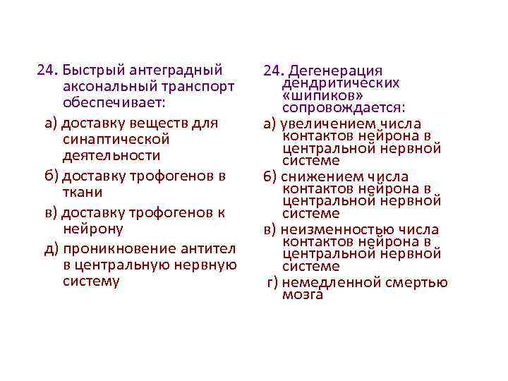 24. Быстрый антеградный аксональный транспорт обеспечивает: а) доставку веществ для синаптической деятельности б) доставку