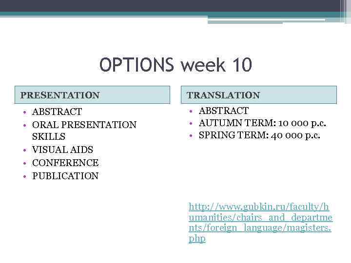 OPTIONS week 10 PRESENTATION TRANSLATION • ABSTRACT • ORAL PRESENTATION SKILLS • VISUAL AIDS