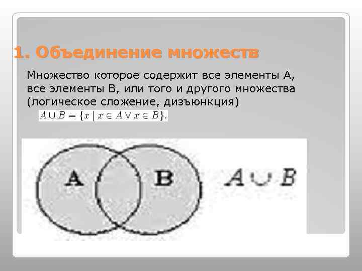 1. Объединение множеств Множество которое содержит все элементы А, все элементы В, или того