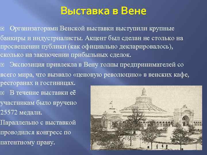 Выставка в Вене Организаторами Венской выставки выступили крупные банкиры и индустриалисты. Акцент был сделан