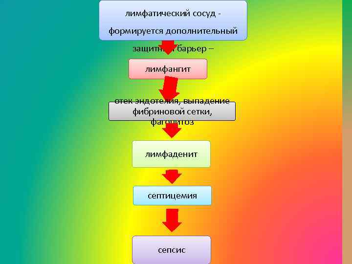 лимфатический сосуд формируется дополнительный защитный барьер – лимфатический лимфангит отек эндотелия, выпадение фибриновой сетки,