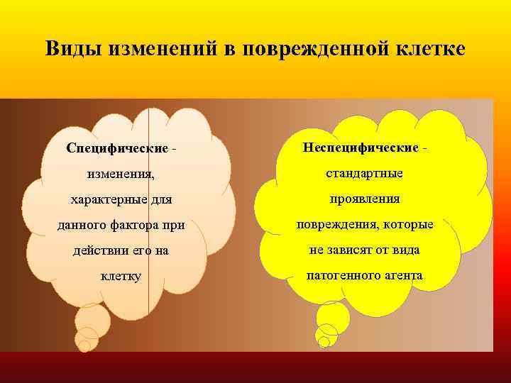 Виды изменений в поврежденной клетке Специфические - Неспецифические - изменения, стандартные характерные для проявления