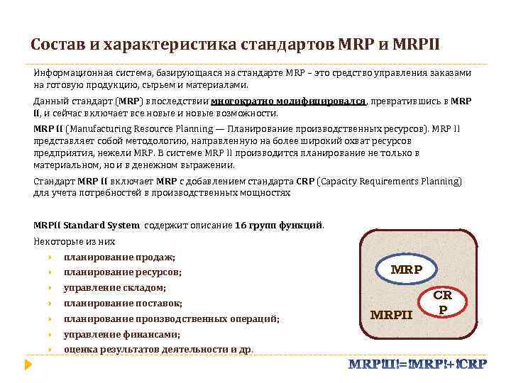 Состав и характеристика стандартов MRP и MRPII Информационная система, базирующаяся на стандарте MRP –