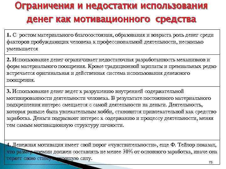 Ограничения и недостатки использования денег как мотивационного средства 1. С ростом материального благосостояния, образования