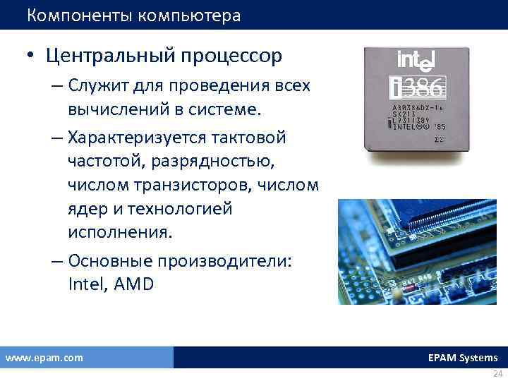 Компоненты компьютера • Центральный процессор – Служит для проведения всех вычислений в системе. –