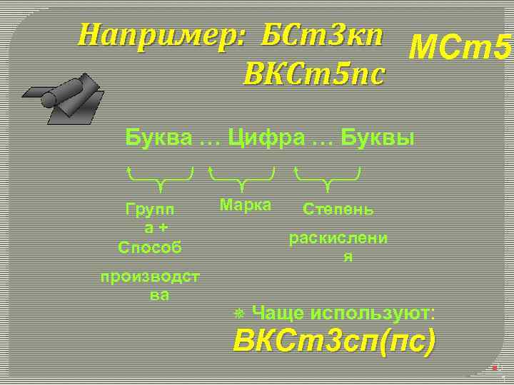 Например: БСт3 кп МСт5 ВКСт5 пс Буква … Цифра … Буквы Групп а+ Способ