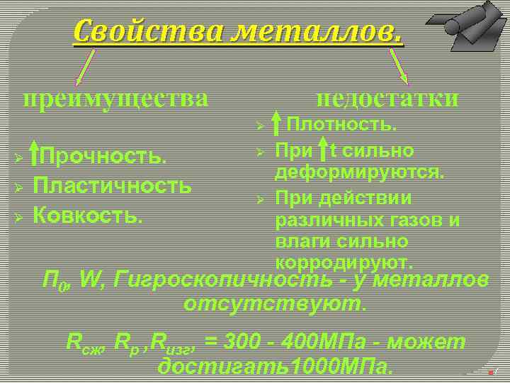 Свойства металлов. преимущества недостатки Ø Ø Прочность. Пластичность Ковкость. Ø Ø Плотность. При t