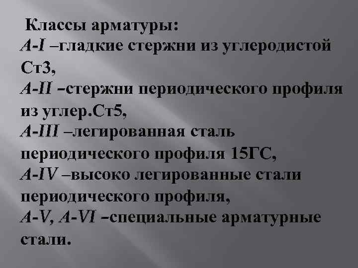 Классы арматуры: А-I –гладкие стержни из углеродистой Ст3, А-II –стержни периодического профиля из углер.