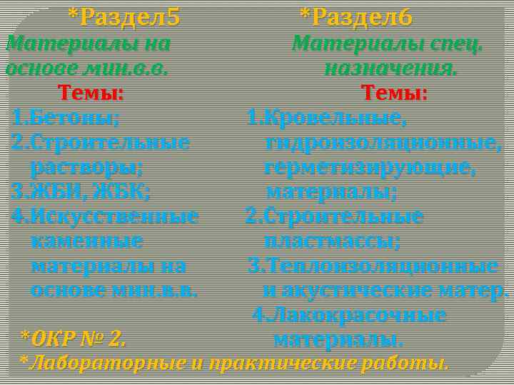 *Раздел 5 Материалы на основе мин. в. в. Темы: 1. Бетоны; 2. Строительные растворы;