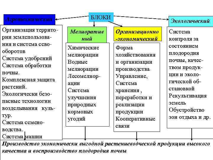 Агротехнический БЛОКИ Экологический Организация террито Мелиоратив Организационно Система рии землепользова ный -экономический контроля за