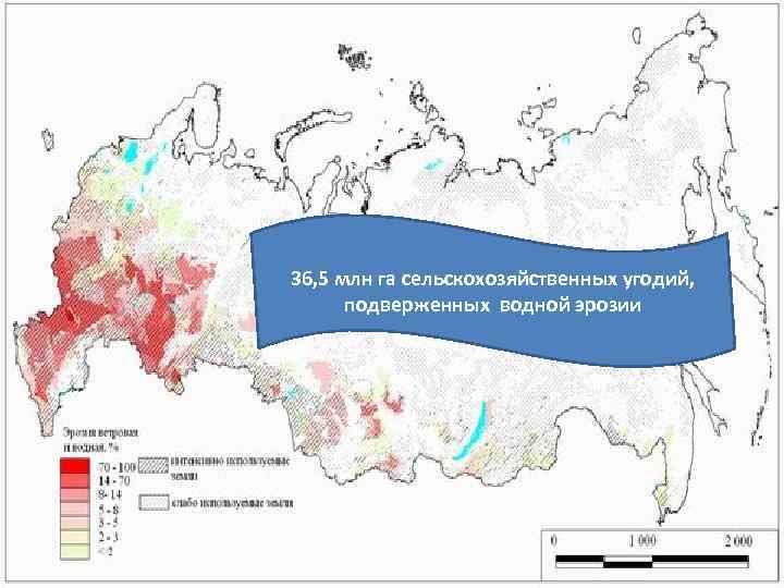 36, 5 млн га сельскохозяйственных угодий, подверженных водной эрозии 