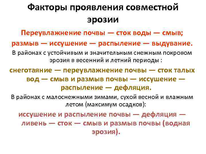 Факторы проявления совместной эрозии Переувлажнение почвы — сток воды — смыв; размыв — иссушение