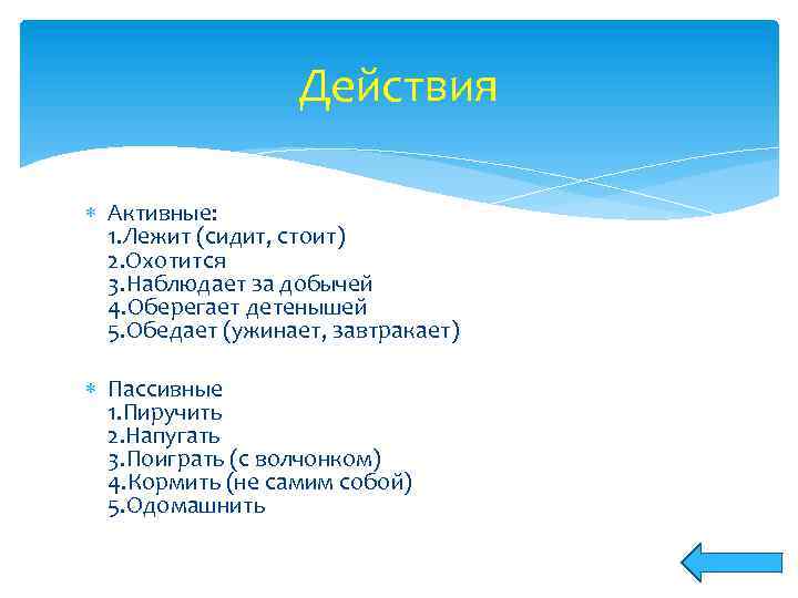 Действия Активные: 1. Лежит (сидит, стоит) 2. Охотится 3. Наблюдает за добычей 4. Оберегает