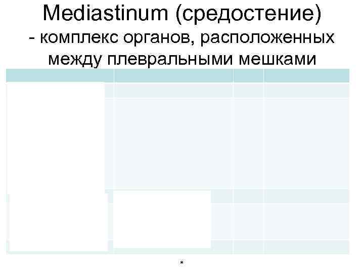 Mediastinum (средостение) - комплекс органов, расположенных между плевральными мешками Mediastinum superior (граница - плоскость