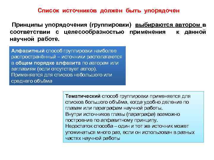 Список источников должен быть упорядочен Принципы упорядочения (группировки) выбираются автором в соответствии с целесообразностью