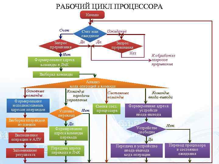 РАБОЧИЙ ЦИКЛ ПРОЦЕССОРА Начало Счет Запрос прерывания Счет или ожидание Да Да Нет Формирование