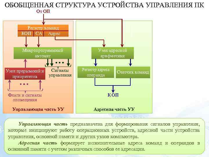 ОБОБЩЕННАЯ СТРУКТУРА УСТРОЙСТВА УПРАВЛЕНИЯ ПК От ОП Регистр команд КОП СА Адрес Микропрограммный автомат