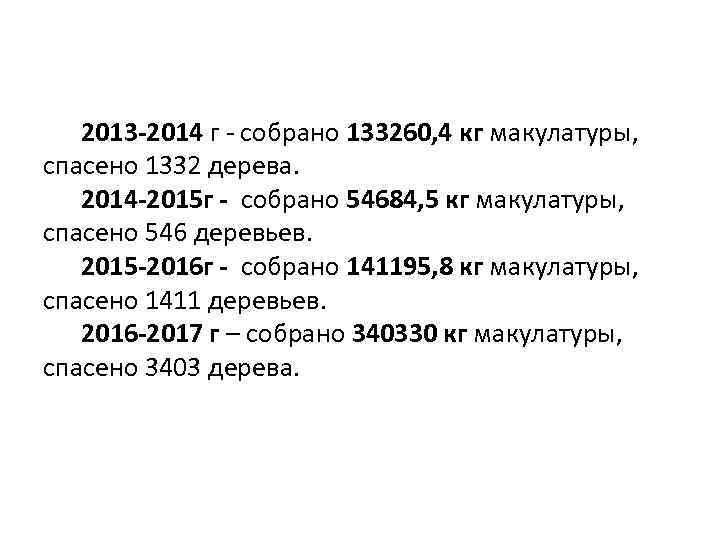 2013 -2014 г - собрано 133260, 4 кг макулатуры, спасено 1332 дерева. 2014 -2015