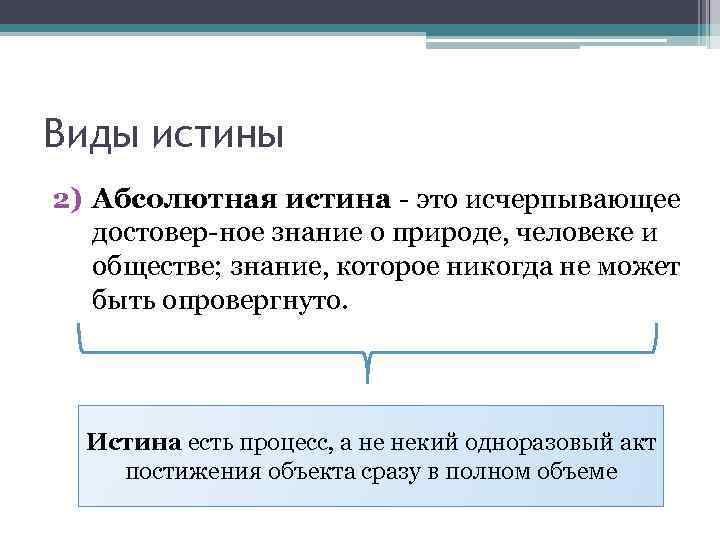 Виды истины 2) Абсолютная истина это исчерпывающее достовер ное знание о природе, человеке и