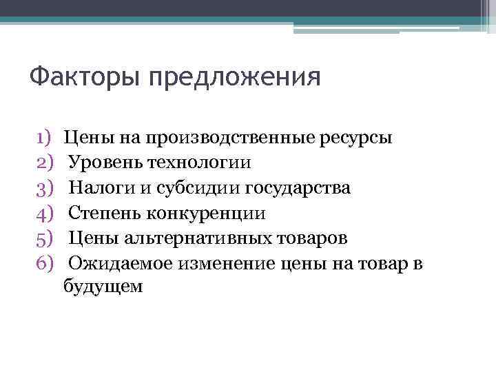 Факторы предложения 1) 2) 3) 4) 5) 6) Цены на производственные ресурсы Уровень технологии