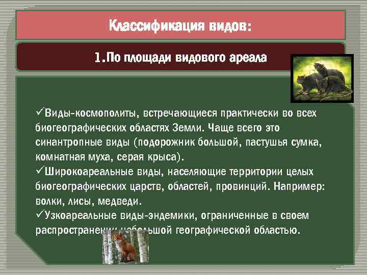 Классификация видов: 1. По площади видового ареала üВиды-космополиты, встречающиеся практически во всех биогеографических областях