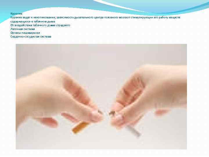 Курение ведет к никотиномании, зависимость дыхательного центра головного мозга от стимулирующих его работу веществ
