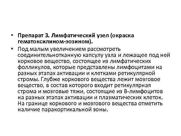  • Препарат 3. Лимфатический узел (окраска гематоксилином-эозином). • Под малым увеличением рассмотреть соединительнотканную