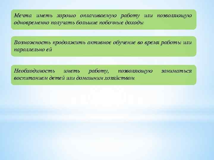 Мечта иметь хорошо оплачиваемую работу или позволяющую одновременно получать большие побочные доходы Возможность продолжить