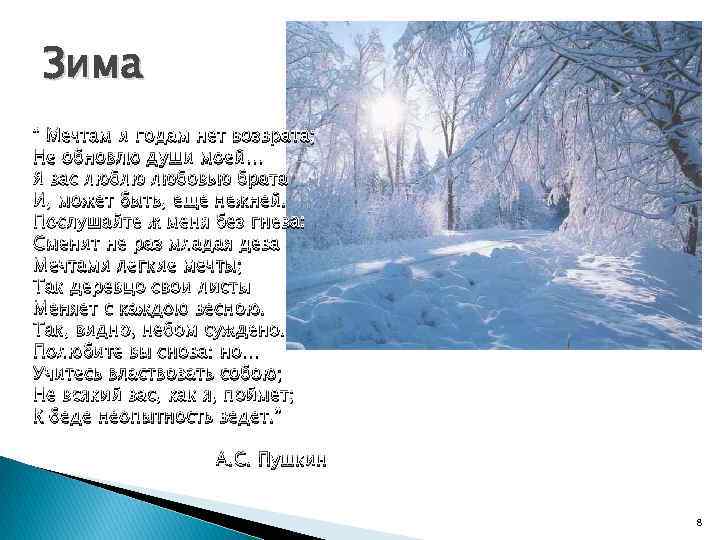 Зима “ Мечтам и годам нет возврата; Не обновлю души моей… Я вас люблю