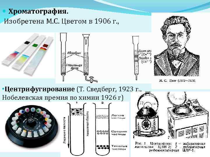  Хроматография. Изобретена М. С. Цветом в 1906 г. , • Центрифугирование (Т. Сведберг,