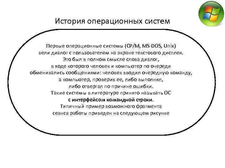 История операционных систем Первые операционные системы (CP/M, MS-DOS, Unix) вели диалог с пользователем на