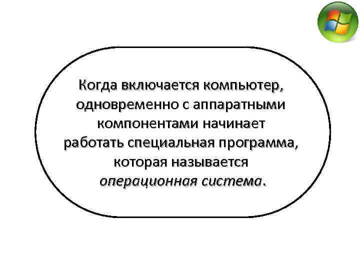 Когда включается компьютер, одновременно с аппаратными компонентами начинает работать специальная программа, которая называется операционная