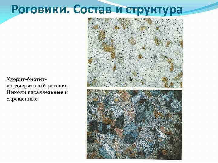 Роговики. Состав и структура Хлорит-биотиткордиеритовый роговик. Николи параллельные и скрещенные 