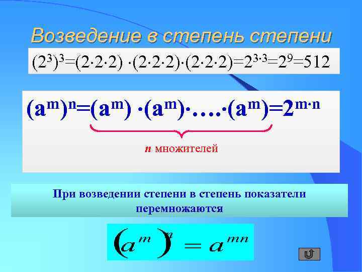 Возведение в степень степени (23)3=(2 2 2)=23 3=29=512 m)n=(am) …. (am)=2 m n (a