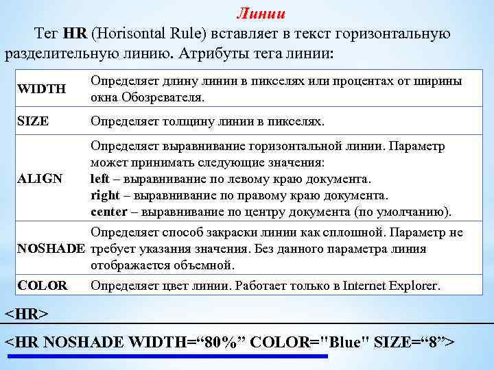 Линии Тег HR (Horisontal Rule) вставляет в текст горизонтальную разделительную линию. Атрибуты тега линии: