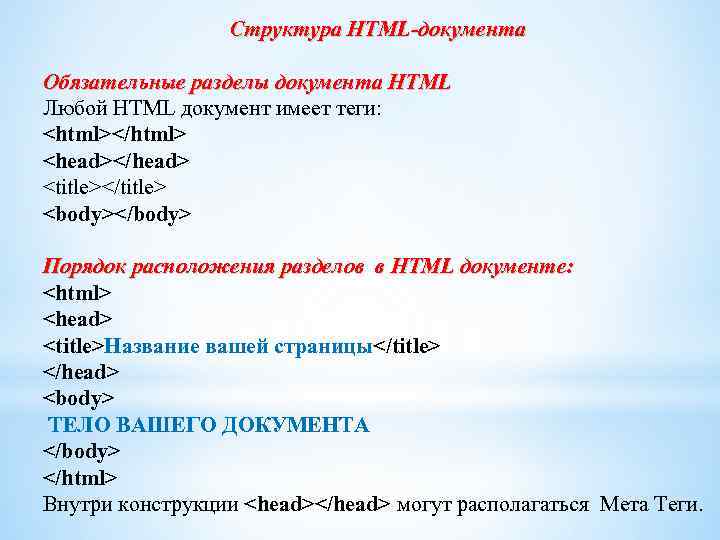 Структура HTML-документа Обязательные разделы документа HTML Любой HTML документ имеет теги: <html></html> <head></head> <title></title>