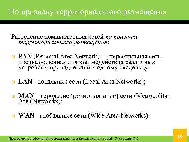 По признаку территориального размещения Разделение компьютерных сетей по признаку территориального размещения: PAN (Personal Area