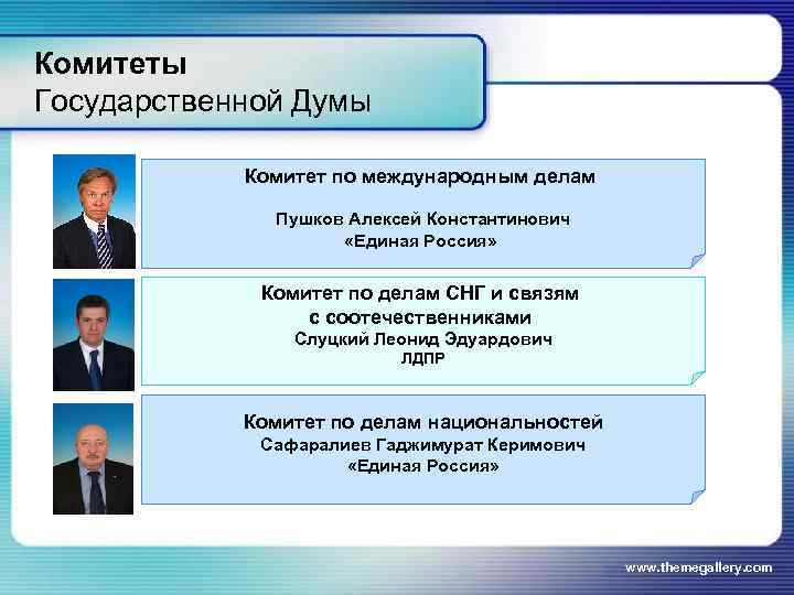 Комитеты Государственной Думы Комитет по международным делам Пушков Алексей Константинович «Единая Россия» Комитет по