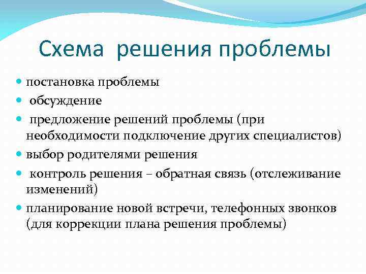 Схема решения проблемы постановка проблемы обсуждение предложение решений проблемы (при необходимости подключение других специалистов)