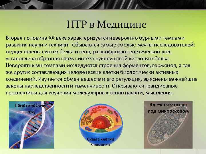 НТР в Медицине Вторая половина XX века характеризуется невероятно бурными темпами развития науки и