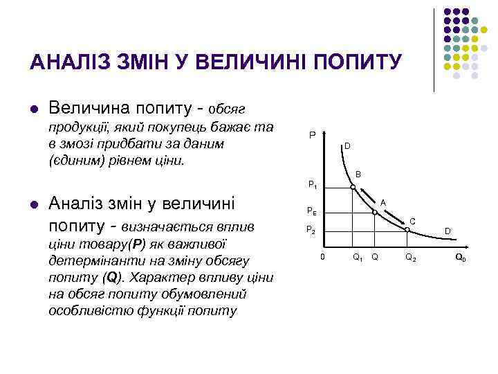АНАЛІЗ ЗМІН У ВЕЛИЧИНІ ПОПИТУ l Величина попиту - обсяг продукції, який покупець бажає