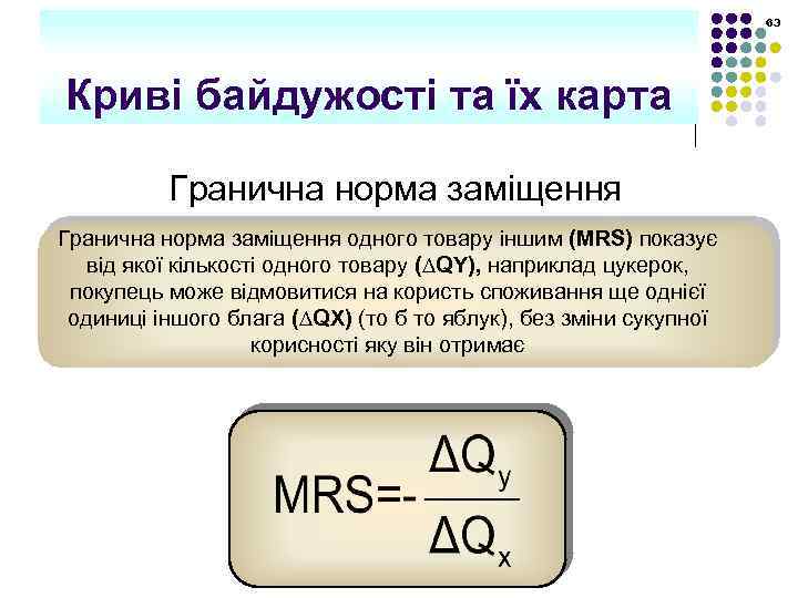 63 Криві байдужості та їх карта Гранична норма заміщення одного товару іншим (MRS) показує