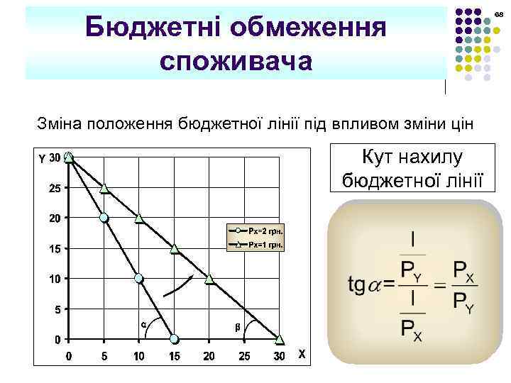 Бюджетні обмеження споживача Зміна положення бюджетної лінії під впливом зміни цін Кут нахилу бюджетної