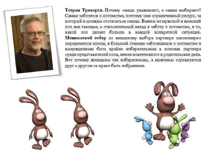 Теория Триверса. Почему самцы ухаживают, а самки выбирают? Самки заботятся о потомстве, поэтому они