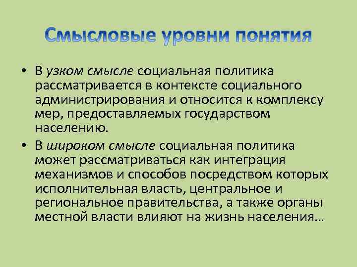  • В узком смысле социальная политика рассматривается в контексте социального администрирования и относится