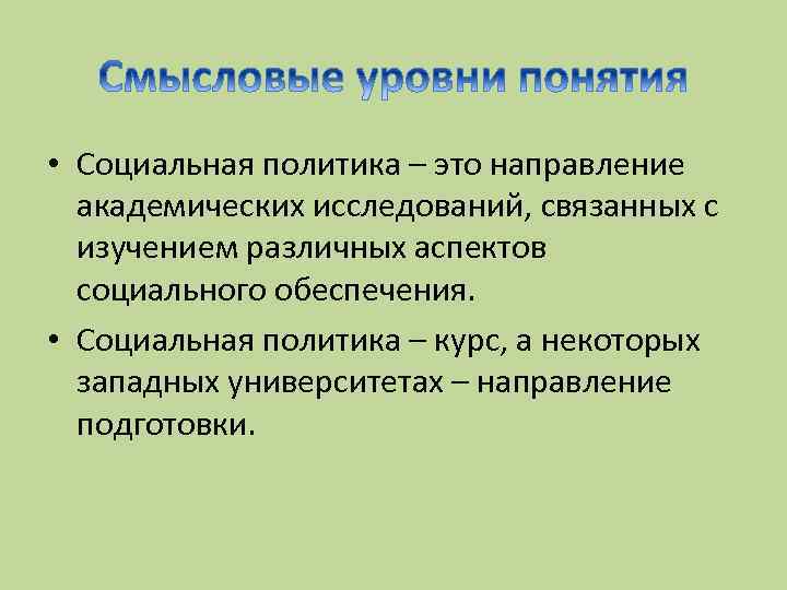  • Социальная политика – это направление академических исследований, связанных с изучением различных аспектов