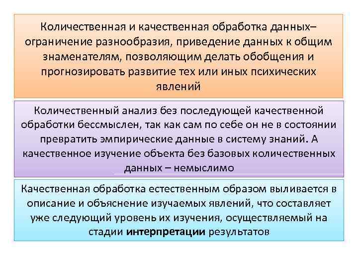 Количественная и качественная обработка данных– ограничение разнообразия, приведение данных к общим знаменателям, позволяющим делать