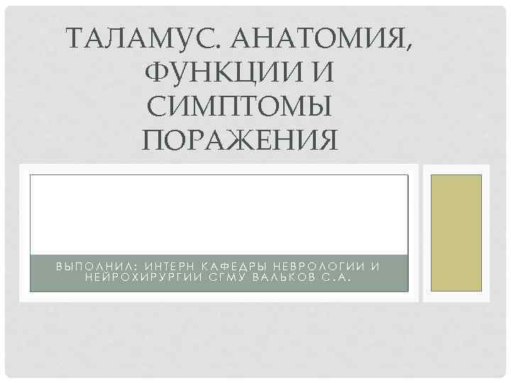 ТАЛАМУС. АНАТОМИЯ, ФУНКЦИИ И СИМПТОМЫ ПОРАЖЕНИЯ ВЫПОЛНИЛ: ИНТЕРН КАФЕДРЫ НЕВРОЛОГИИ И НЕЙРОХИРУРГИИ СГМУ ВАЛЬКОВ