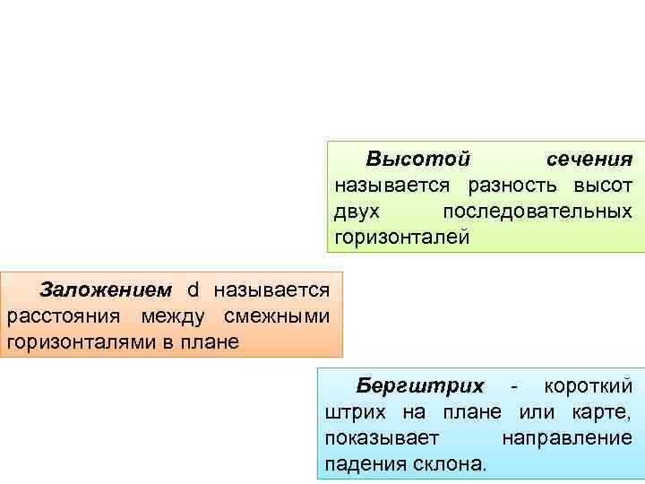 Высотой сечения называется разность высот двух последовательных горизонталей Заложением d называется расстояния между смежными